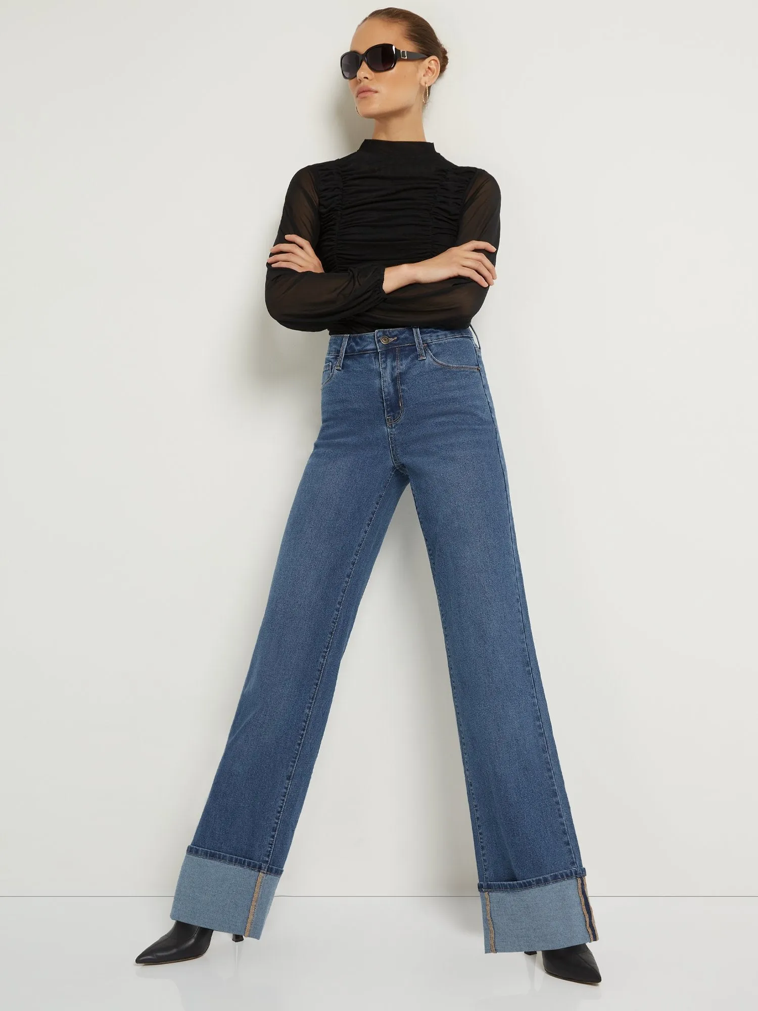 Ultra High-Waisted Cuffed Wide-Leg Jeans - Medium Wash